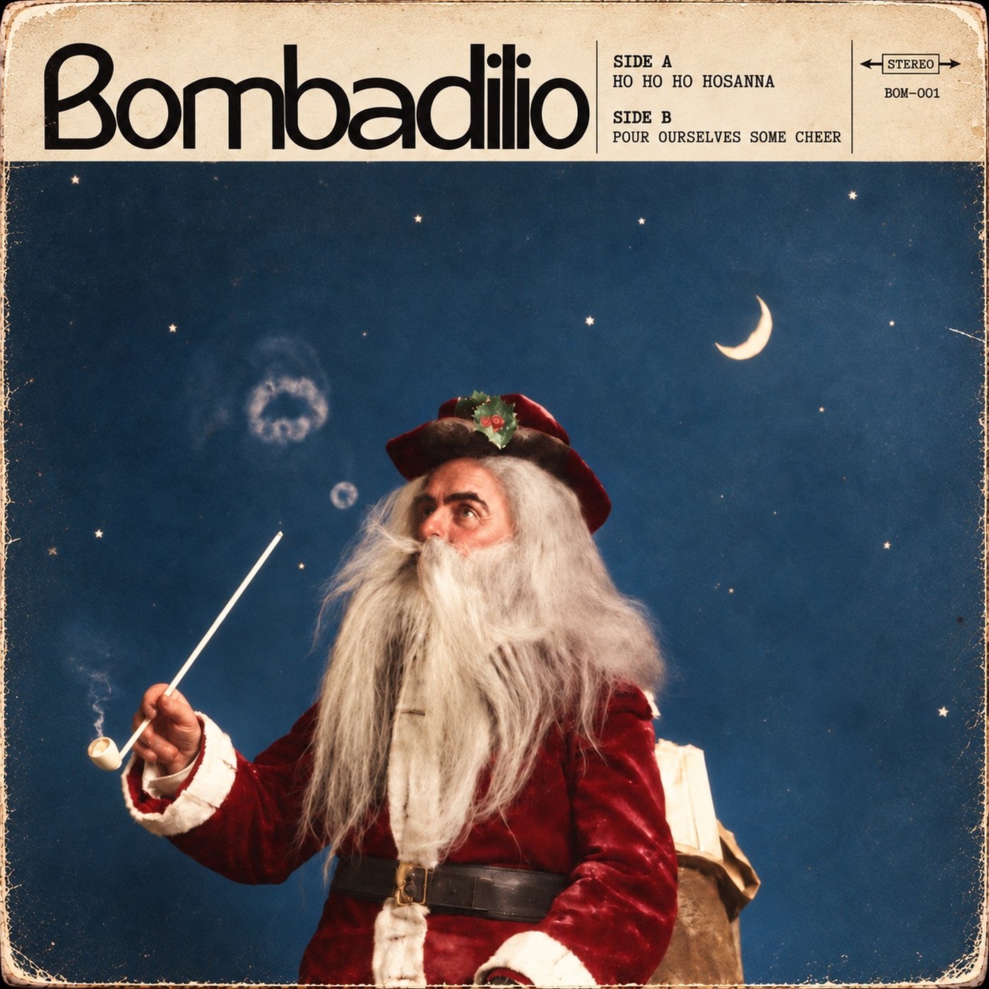 Bombadilio Christmas single cover: a vintage Santa with a long clay pipe against a starry night sky